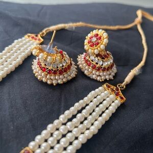 Elegant Pearl and Red Stone Jewelry Set